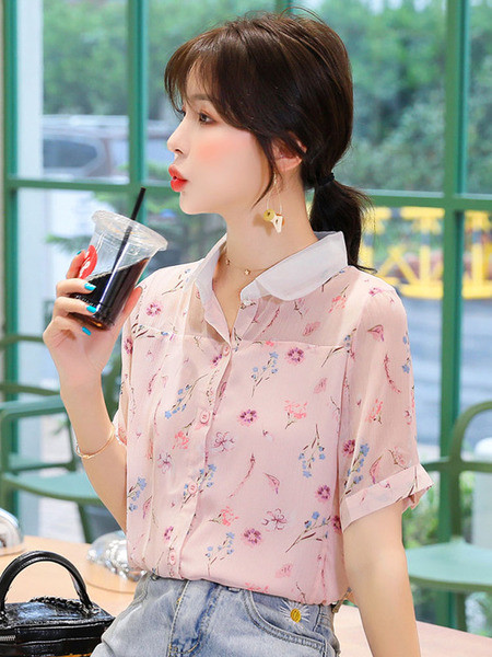 Virágos motívumokkal és rövid ujjú női sifon ing