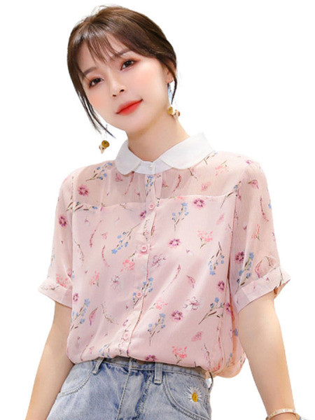 Virágos motívumokkal és rövid ujjú női sifon ing