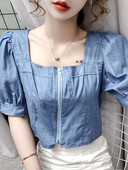 Sieviešu džinsa krekls ar kvadrātveida kakla izgriezumu un rāvējslēdzēju