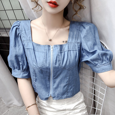 Sieviešu džinsa krekls ar kvadrātveida kakla izgriezumu un rāvējslēdzēju