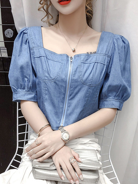 Sieviešu džinsa krekls ar kvadrātveida kakla izgriezumu un rāvējslēdzēju