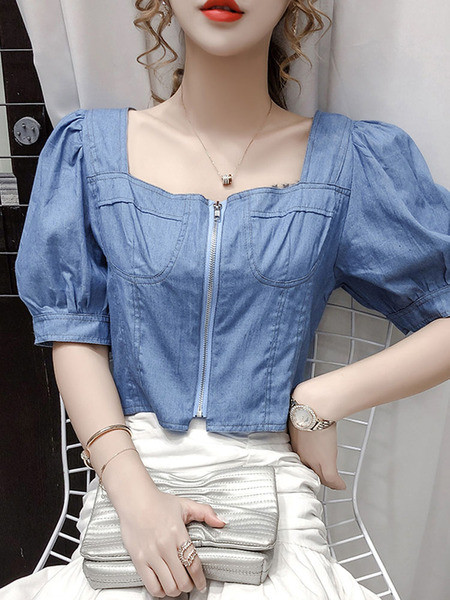 Sieviešu džinsa krekls ar kvadrātveida kakla izgriezumu un rāvējslēdzēju