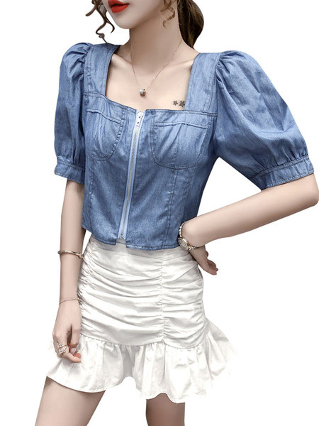 Sieviešu džinsa krekls ar kvadrātveida kakla izgriezumu un rāvējslēdzēju