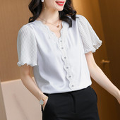 Sieviešu šifona krekls ar mežģīnēm un V veida kakla izgriezumu