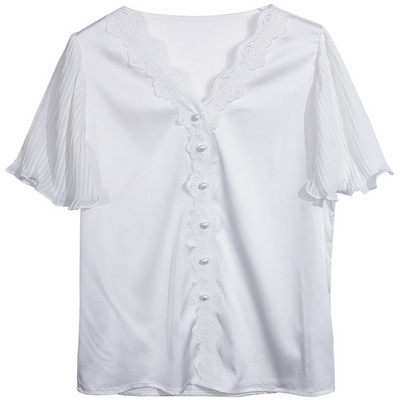 Sieviešu šifona krekls ar mežģīnēm un V veida kakla izgriezumu