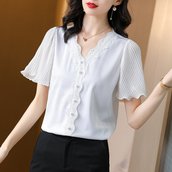 Sieviešu šifona krekls ar mežģīnēm un V veida kakla izgriezumu