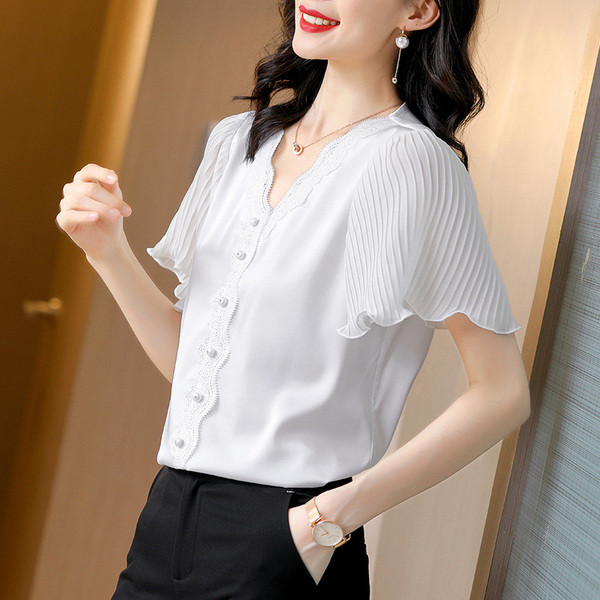 Sieviešu šifona krekls ar mežģīnēm un V veida kakla izgriezumu