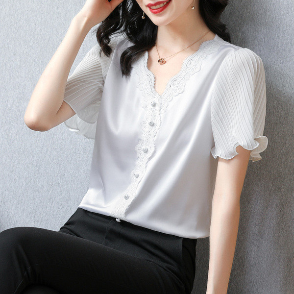 Sieviešu šifona krekls ar mežģīnēm un V veida kakla izgriezumu