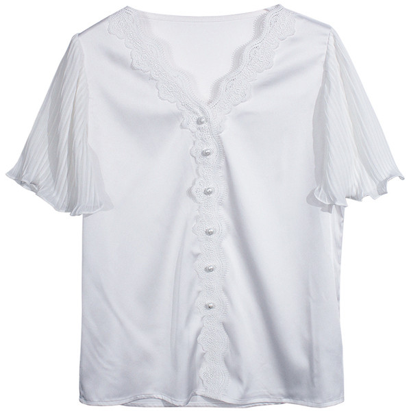 Sieviešu šifona krekls ar mežģīnēm un V veida kakla izgriezumu