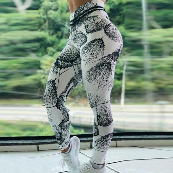 Fehér női leggings magas derékkal lélegző anyagból, mintával