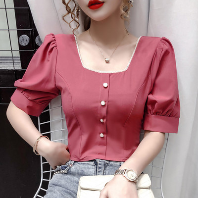 Sieviešu šifona krekls ar kvadrātveida kakla izgriezumu un platām piedurknēm