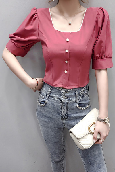 Sieviešu šifona krekls ar kvadrātveida kakla izgriezumu un platām piedurknēm