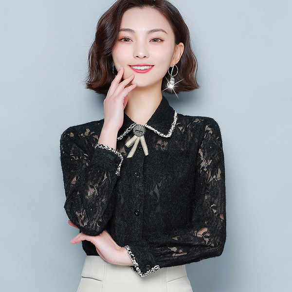 Női csipke ing klasszikus gallérral és hosszú ujjal