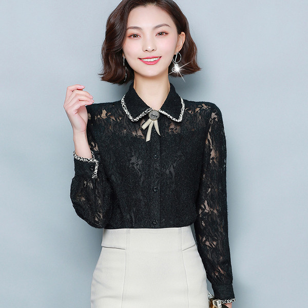 Női csipke ing klasszikus gallérral és hosszú ujjal