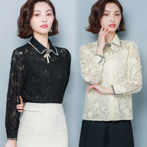 Női csipke ing klasszikus gallérral és hosszú ujjal