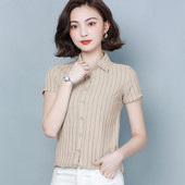 Sieviešu svītrains krekls ar klasisku apkakli un īsām piedurknēm