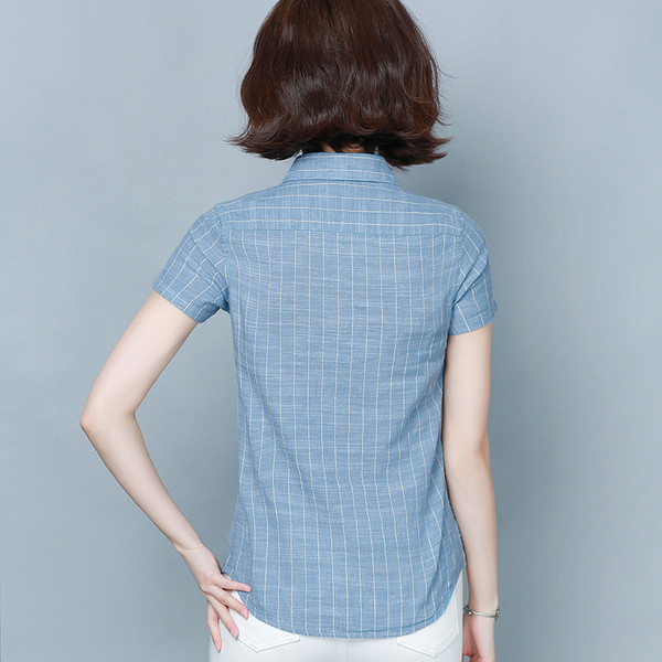 Sieviešu svītrains krekls ar klasisku apkakli un īsām piedurknēm