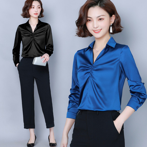 Naiste klassikalise krae ja pikkade varrukatega satiinsärk