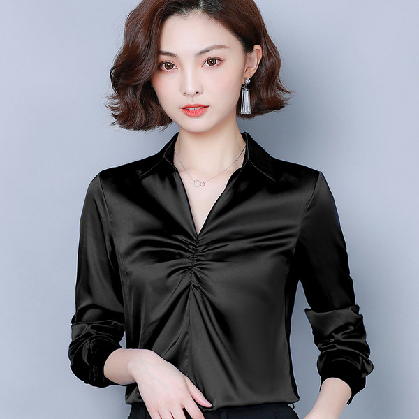 Naiste klassikalise krae ja pikkade varrukatega satiinsärk