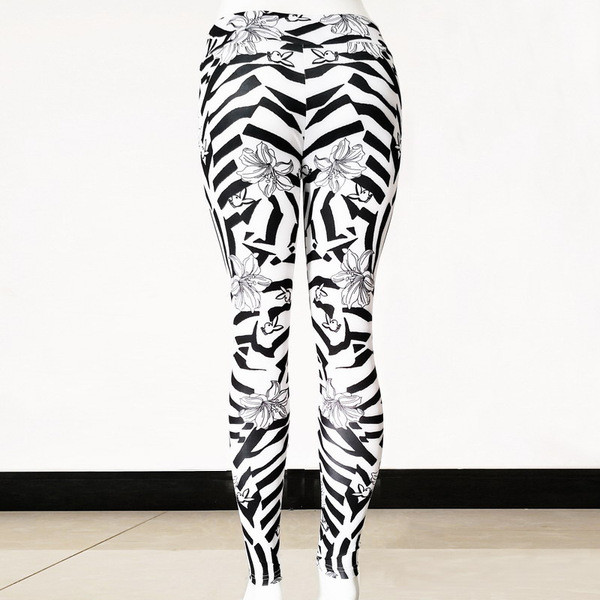 Fekete-fehér női sport leggings nyomtatással