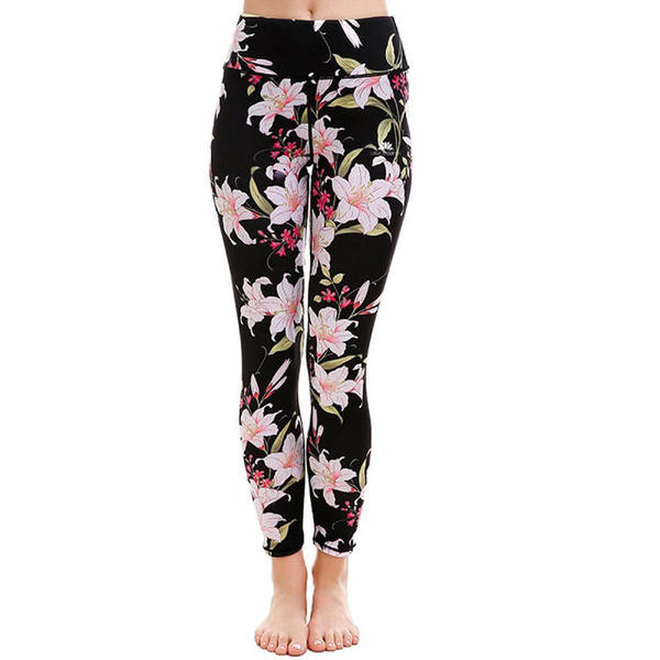 Fekete leggings virágmintával és magas derékkal