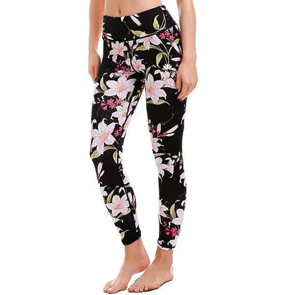 Fekete leggings virágmintával és magas derékkal