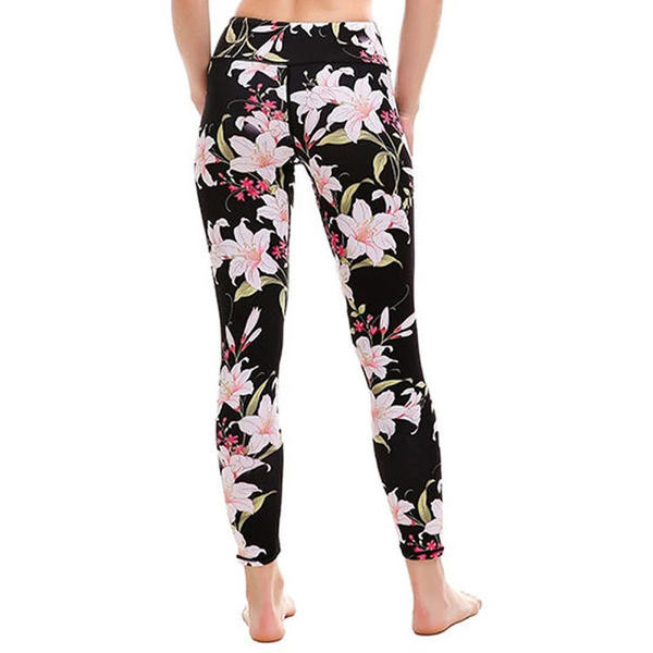 Fekete leggings virágmintával és magas derékkal