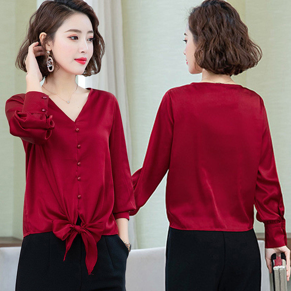 Szatén női ing V-nyakú és hosszú ujjú