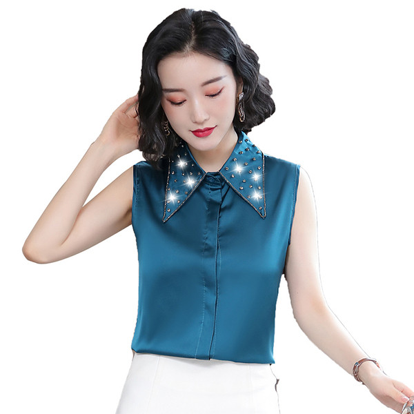 Jauna modeļa sieviešu krekls ar akmeņiem un klasisku apkakli