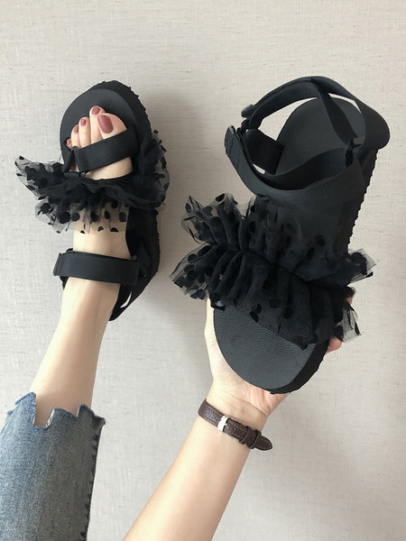 Uus mudel naiste mustad sandaalid lameda talla ja tülliga