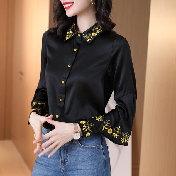 Szatén női ing klasszikus gallérral és hímzéssel
