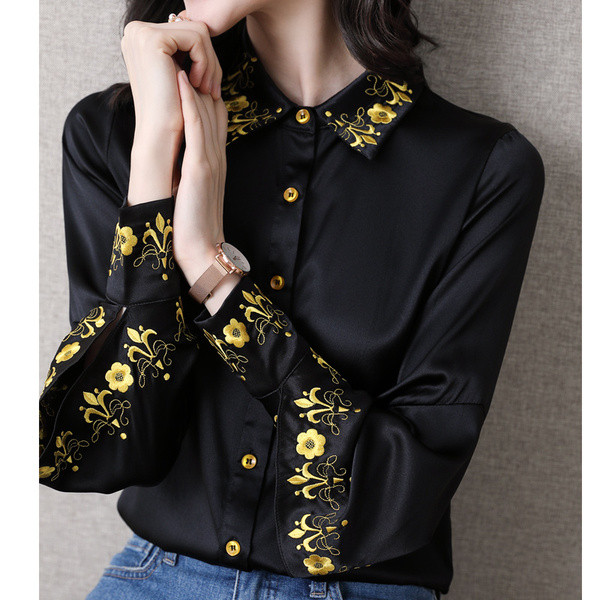 Szatén női ing klasszikus gallérral és hímzéssel