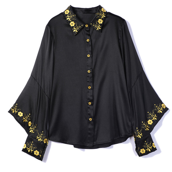 Szatén női ing klasszikus gallérral és hímzéssel