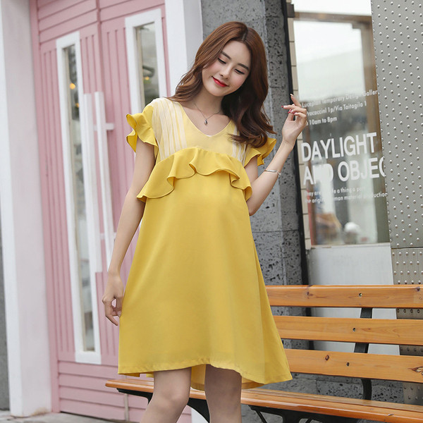 Dzeltena kleita grūtniecēm ar īsām piedurknēm