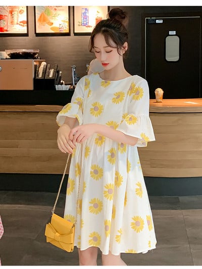 Moderna kleita grūtniecēm ar īsām piedurknēm un ziedu rakstu