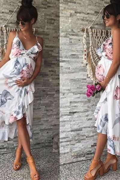 Modern ruha terhes nőknek vékony pánttal, virágmintával