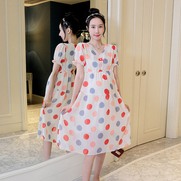 Alkalmi ruha terhes nőknek, rövid ujjú, színes pöttyökkel