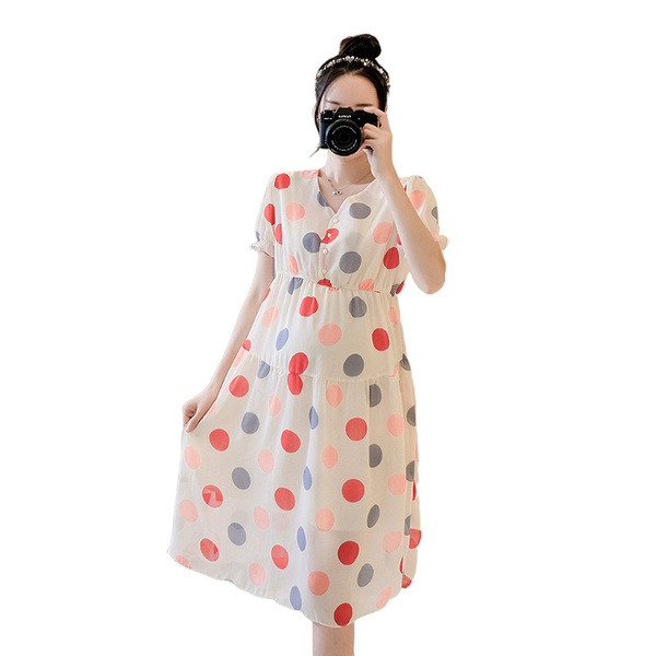Alkalmi ruha terhes nőknek, rövid ujjú, színes pöttyökkel