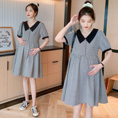 Kockás ruha terhes nőknek, rövid ujjú, klasszikus gallérral