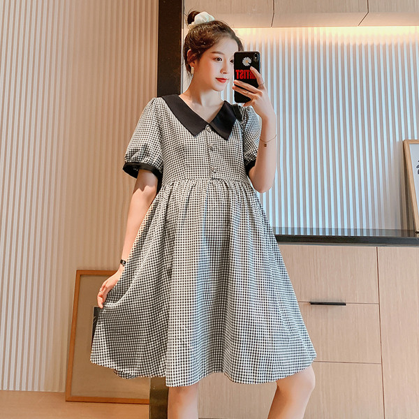 Kockás ruha terhes nőknek, rövid ujjú, klasszikus gallérral