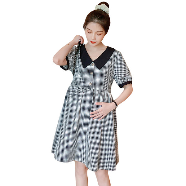 Kockás ruha terhes nőknek, rövid ujjú, klasszikus gallérral