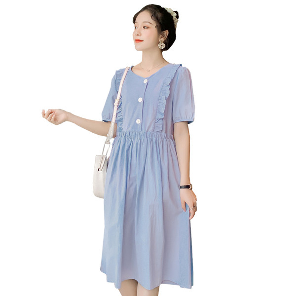 Aktuális kék ruha terhes nőknek, közepes hosszúságú és rövid ujjú