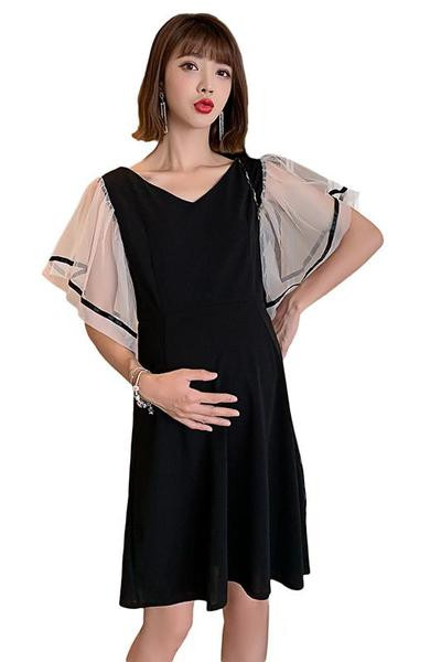 Stílusos fekete ruha terhes nők számára, átlátszó ujjal