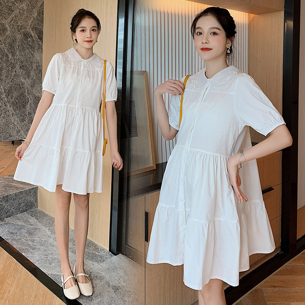 Alkalmi fehér ruha terhes nőknek, rövid ujjú, klasszikus gallérral