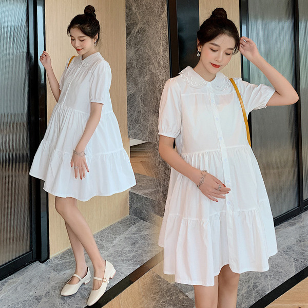 Alkalmi fehér ruha terhes nőknek, rövid ujjú, klasszikus gallérral