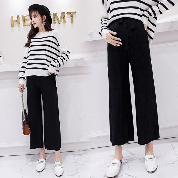 Μοντέρνο παντελόνι για έγκυες γυναίκες φαρδύ μοντέλο με μήκος 9/10 και δεσμούς στη μέση