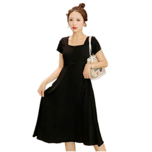 Rochie neagra decupata pentru gravide cu maneci scurte si nasturi