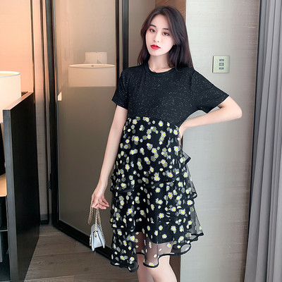 Új modell ruha terhes nőknek, rövid ujjú, tüll és virágmintás