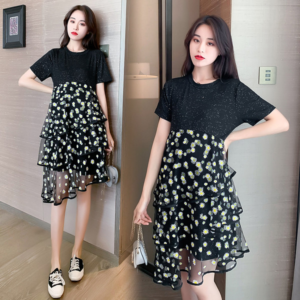 Új modell ruha terhes nőknek, rövid ujjú, tüll és virágmintás