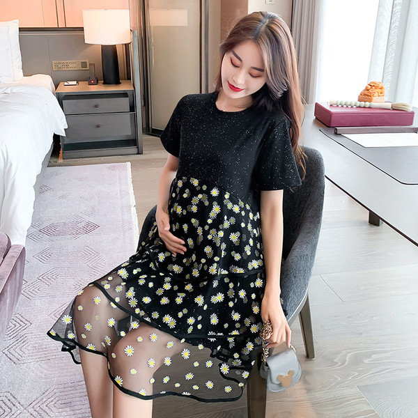 Új modell ruha terhes nőknek, rövid ujjú, tüll és virágmintás